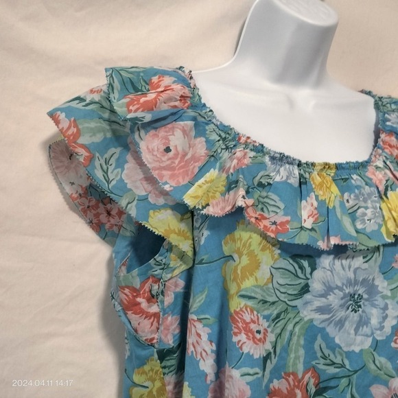 LOFT Size Medium Floral Cap Sleeves Ragged Edges Ruffle Elastic Neckline Top - Picture 4 of 13